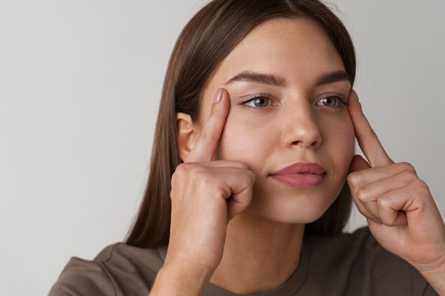 Woman seeing dark circle on face