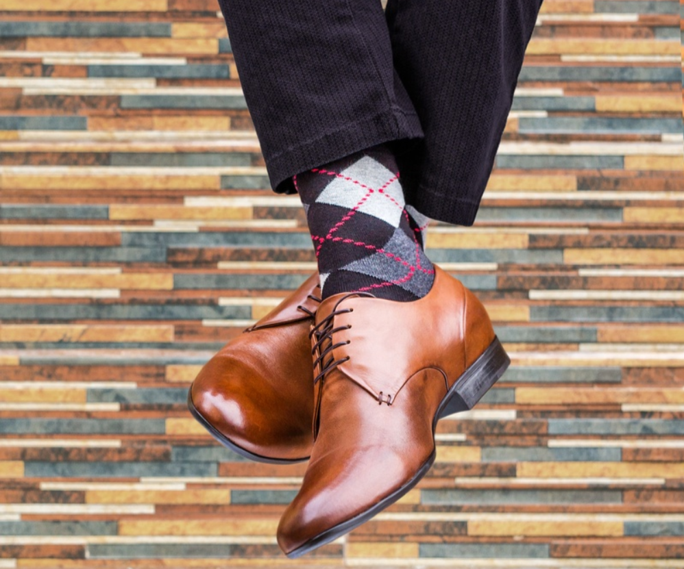 Gentleman wearing brown shoes with Crew Length Socks